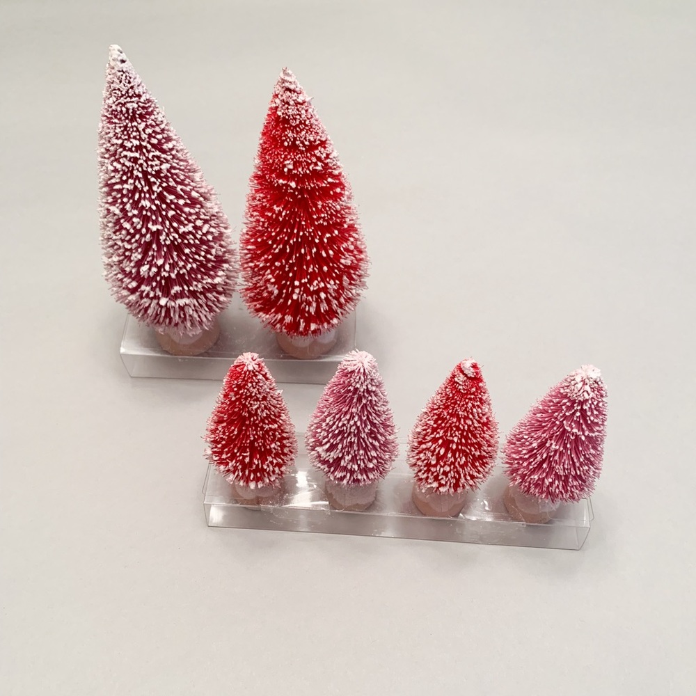 Village Mini Snow Flocked Christmas Tree Decorations in Red and Pink, Brand New